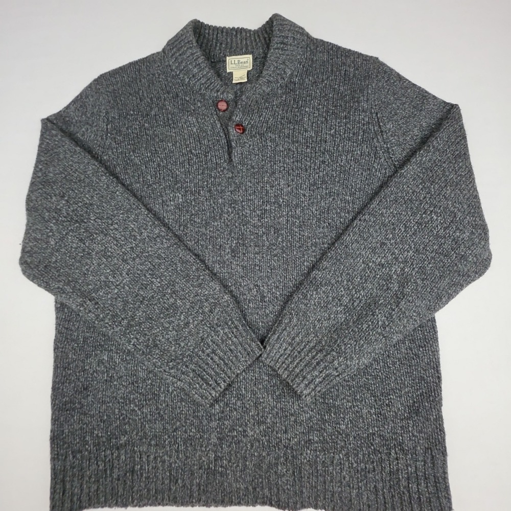 LL Bean 100% Lambswool Henley Pullover Sweater Mens Large Gray Marled Knit Wool